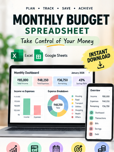 Monthly Budget Spreadsheet – Excel & Google Sheets | Personal Finance & Expense Tracker