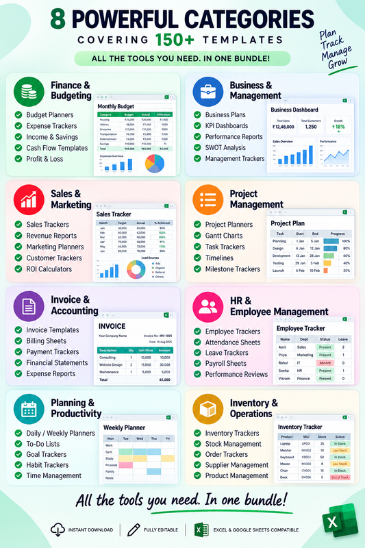 150+ Excel Templates Mega Bundle – Business, Finance, Productivity & Planning Toolkit